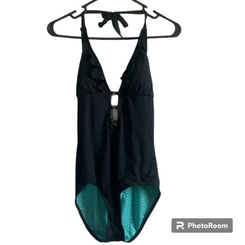 Guess One Piece Swimsuit Ruffle Halter Tie Top Gold Accent Black Size Medium